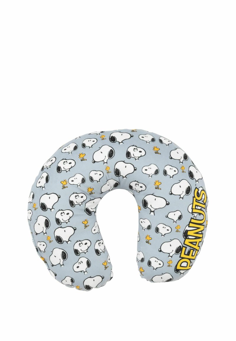 Cuscino per collo a forma di U, rivestito in morbido tessuto con un motivo a cartoni animati di Snoopy e Woodstock su uno sfondo azzurro chiaro.