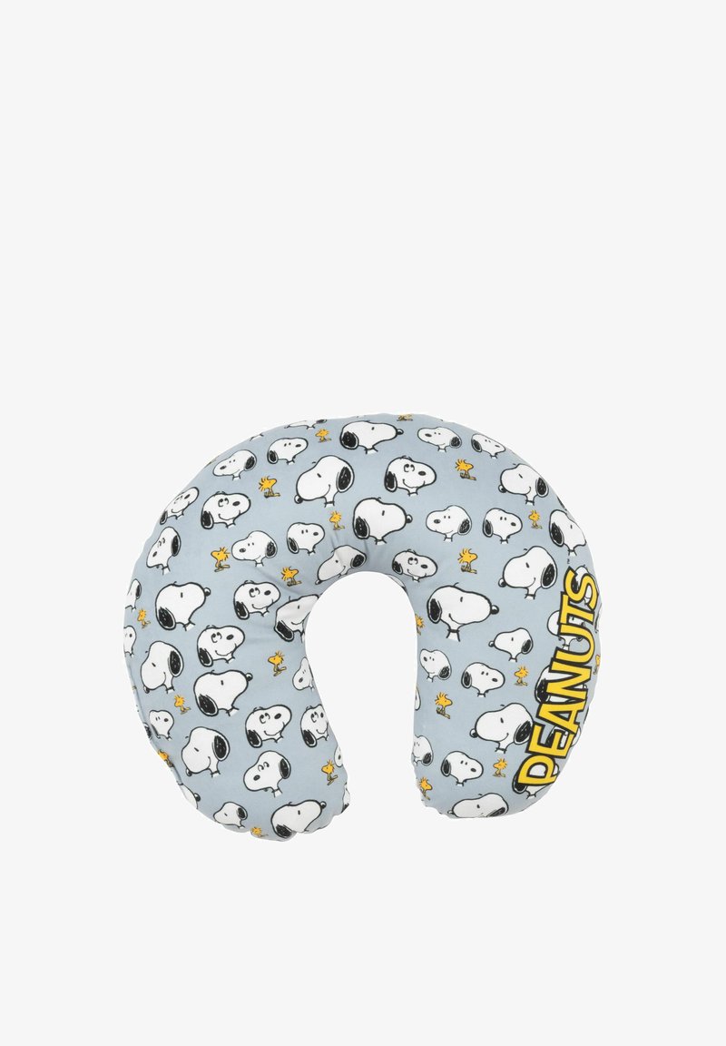 Cuscino per collo a forma di U, rivestito in morbido tessuto con un motivo a cartoni animati di Snoopy e Woodstock su uno sfondo azzurro chiaro.
