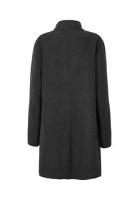 Cappotto di lana grigio scuro con taglio dritto, maniche lunghe e un piccolo colletto a camicia, mostrato da dietro su uno sfondo bianco.