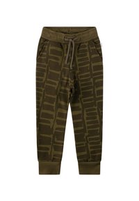 Olivgrüne Sweatpants mit einem geometrischen Muster in dunklem Oliv, elastischem Bund mit Kordelzug und umgekrempelten Beinabschlüssen.