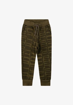 Olivgrüne Sweatpants mit einem geometrischen Muster in dunklem Oliv, elastischem Bund mit Kordelzug und umgekrempelten Beinabschlüssen.