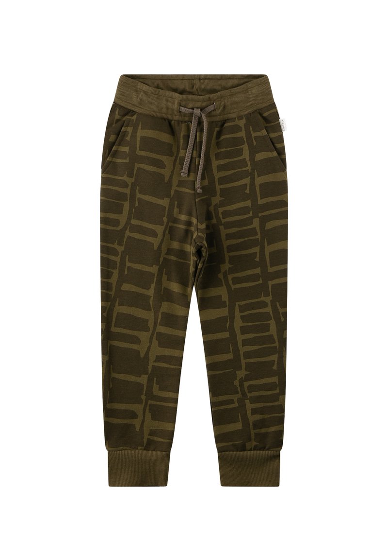 Olivgrüne Sweatpants mit einem geometrischen Muster in dunklem Oliv, elastischem Bund mit Kordelzug und umgekrempelten Beinabschlüssen.