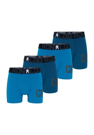 Vier blauwe boxershorts met zwarte elastische taillebanden met een witte silhouet en grijze tekst "RONALDO" en "CR7" op de benen.