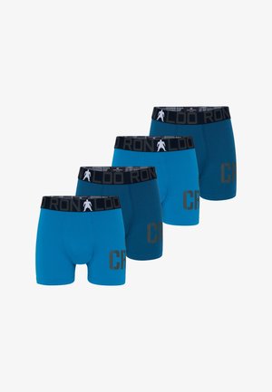 Vier blauwe boxershorts met zwarte elastische taillebanden met een witte silhouet en grijze tekst "RONALDO" en "CR7" op de benen.
