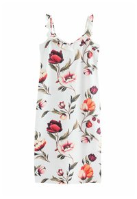 Virágmintás fehér ruha, élénk piros, rózsaszín és narancssárga virágokkal. Spagetti pántokkal és fodros szegéllyel készült.