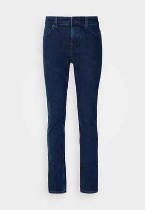 Mørkeblå denim jeans med lige ben-design, fem lommer, en knap- og lynlåslukning samt en ren finish ved sømmen.