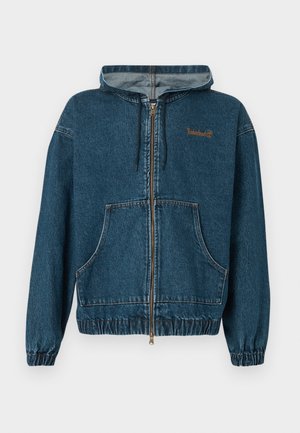 Denimblå hættetrøje med lynlås, frontlomme, elastiske manchetter og kant, snøre i hætten samt lille Timberland-logo på venstre bryst.