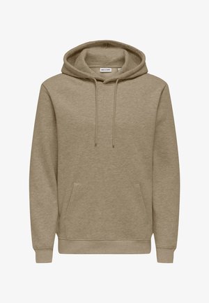 Μπεζ φούτερ με κουκούλα και μακριά μανίκια, μπροστινή τσέπη τύπου καγκουρό, ρυθμιζόμενα κορδόνια και ριμπ μανσέτες και τελείωμα.