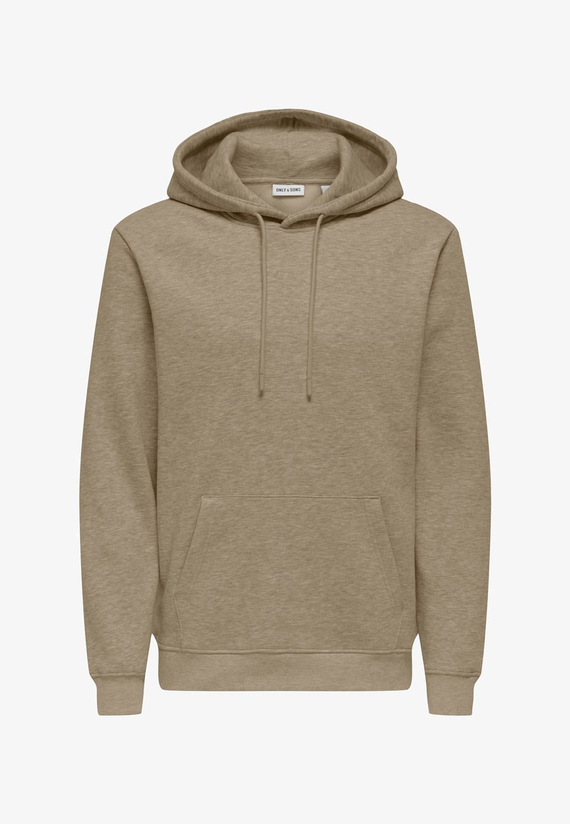 Μπεζ φούτερ με κουκούλα και μακριά μανίκια, μπροστινή τσέπη τύπου καγκουρό, ρυθμιζόμενα κορδόνια και ριμπ μανσέτες και τελείωμα.