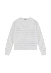 Weißer Cardigan mit dezenten horizontalen Streifen, V-Ausschnitt, Knopfleiste, gerippten Bündchen und Saum. Verfügt über ein kleines, silbernes Logo-Detail.