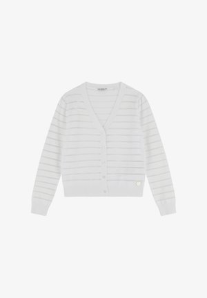 Cardigan bianco con sottili righe orizzontali, scollatura a V, chiusura con bottoni, polsini e orlo a costine. Presenta un piccolo accento con logo argentato.