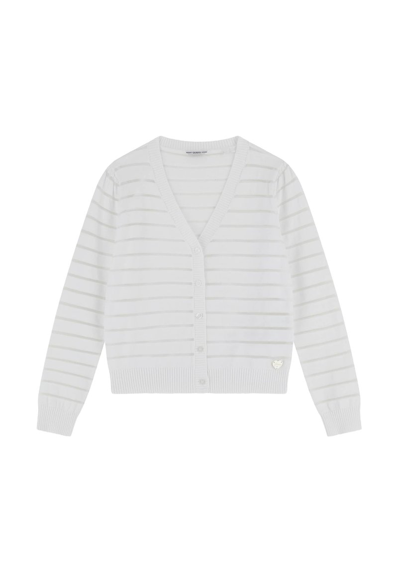 Weißer Cardigan mit dezenten horizontalen Streifen, V-Ausschnitt, Knopfleiste, gerippten Bündchen und Saum. Verfügt über ein kleines, silbernes Logo-Detail.