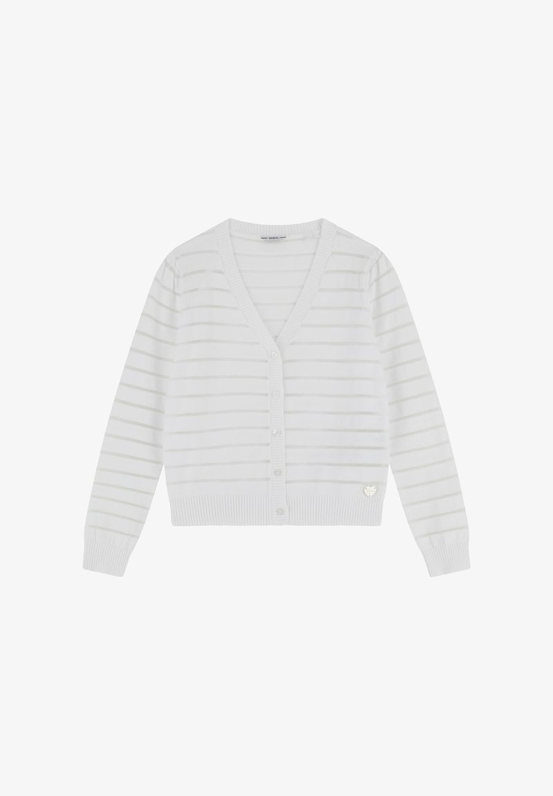 White cardigan with subtle horizontal stripes, v-neckline, button closure, ribbed cuffs, and hem. Features a small, silver logo accent.