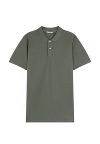 Polo verde hecho de algodón texturizado, con un cuello clásico, una tapeta de dos botones y un pequeño logo en el pecho. Mangas cortas.