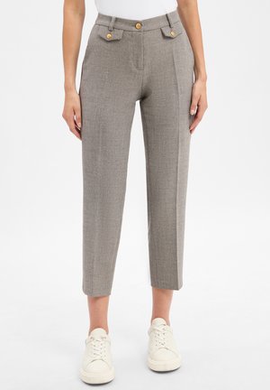 Grijze geruite broek met een hoge taille, rechte snit en twee voorkruiszakken. Bevat goudkleurige knopen en een gestructureerde stof.