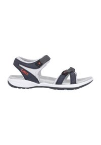 Navy and gray sandal with adjustable straps, cushioned insole, and rubber outsole. Features red accents and a sporty design.