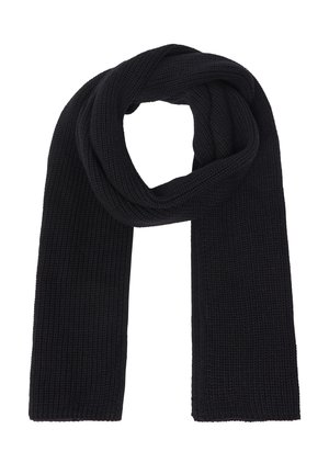 Schwarzer gestrickter Schal, zu einer Schlaufe gefaltet, mit beiden Enden nach unten hängend vor weißem Hintergrund.