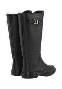 Czarne gumowe kalosze o gładkiej powierzchni, ze złotym wykończeniem i bocznym paskiem z klamrą. Zaprojektowane z myślą o trwałości i wodoodporności.