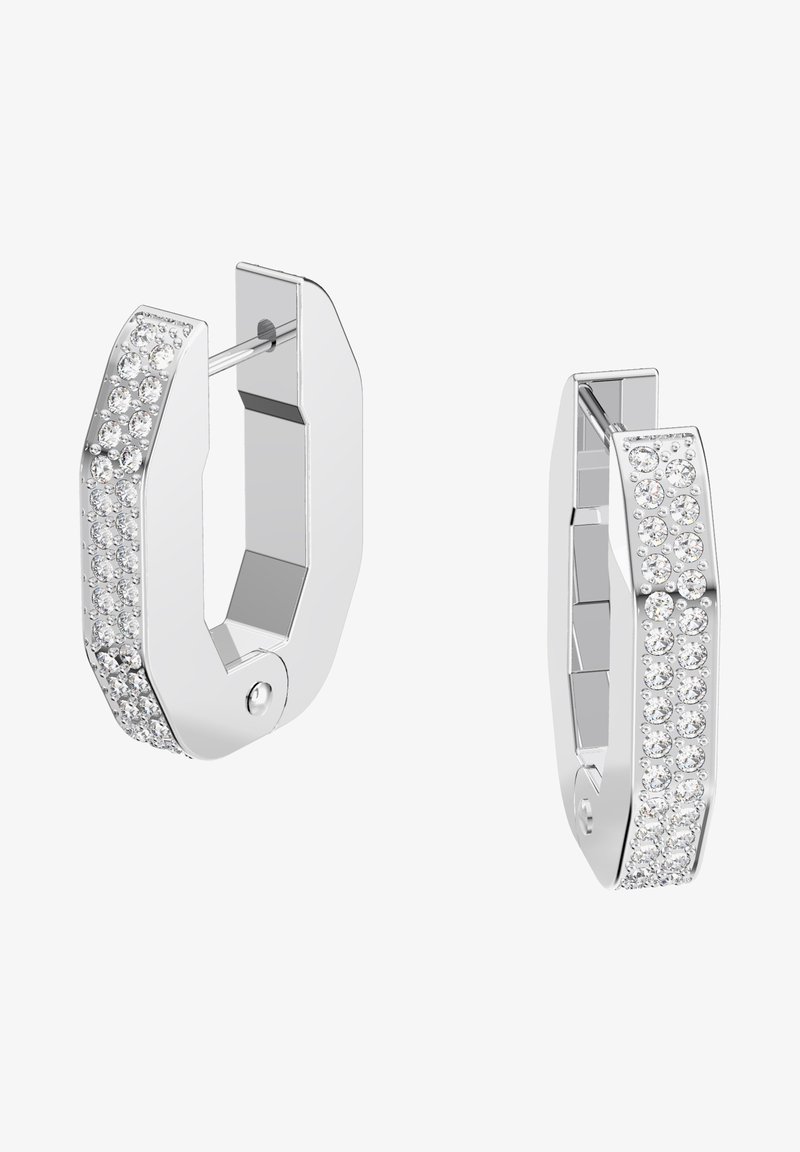 Boucles d'oreilles créoles en argent avec deux rangées de cristaux ronds transparents sur la surface extérieure et une fermeture à charnière.