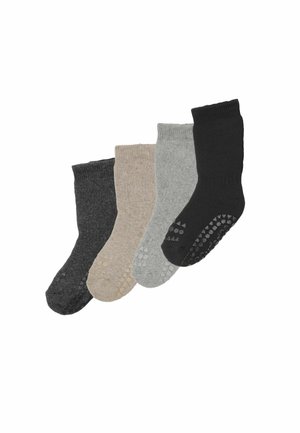 Štiri pari gležnjih nogavic v temno sivi, bež, svetlo sivi in črni barvi, vsaka s protizdrsnim vzorcem na podplatih.