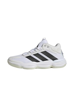 Sneaker sportiva bianca con strisce nere, chiusura con lacci, suola ammortizzata e tomaia in mesh e materiale sintetico, vista laterale.