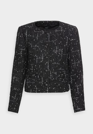 Black textured jacket with a boxy shape, featuring white flecks, a round neckline, and six front buttons. Long sleeves, no visible pockets.