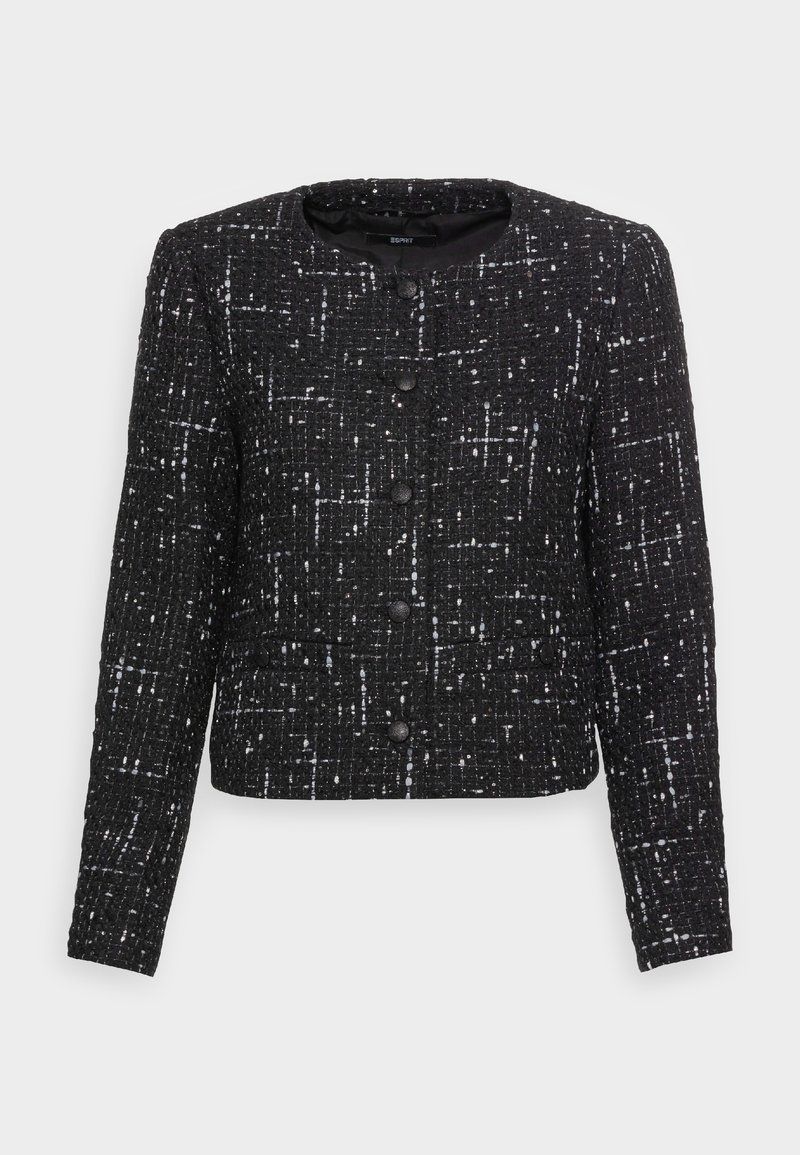Czarna teksturowana kurtka o pudełkowym kroju, z białymi drobinkami, okrągłym dekoltem i sześcioma guzikami z przodu. Długie rękawy, brak widocznych kieszeni.