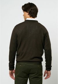 Rjav pleten pulover z okroglim izrezom, dolgimi rokavi in rebrastimi manšetami, nošen čez belo srajco s ovratnikom. Preprost, teksturiran material.