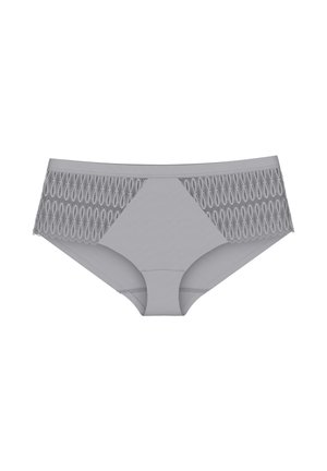 Grijze dames-slip gemaakt van zachte stof, met een kanten rand met een ovale patroon langs de taille, een gladde voorkant en een ontwerp met volledige bedekking.