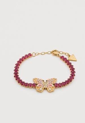 Gold bracelet with pink gemstones and a central butterfly adorned with pearls and small crystals, featuring a gold chain clasp.