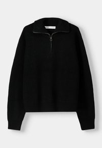 Svart stickad tröja med hög krage, dragkedjedetalj och ribbat mönster. Har långa ärmar och en avslappnad passform.