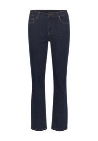 Jean en denim bleu foncé avec une coupe droite, des surpiqures contrastantes, cinq poches et une fermeture éclair à l'avant avec un bouton.