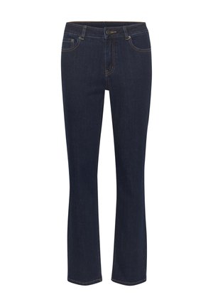 Dunkelblaue Jeans aus Denim mit geradem Bein, Kontrastnähten, fünf Taschen und einem Reißverschluss vorne mit Knopfverschluss.