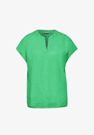 Groene blouse met korte mouwen en een V-hals, gemaakt van glad materiaal. Heeft een losse pasvorm met een rechte zoom en geen patronen of accenten.