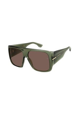 Occhiali da sole rettangolari verdi oversize con lenti scure e montature spesse inclinati verso destra su sfondo bianco.