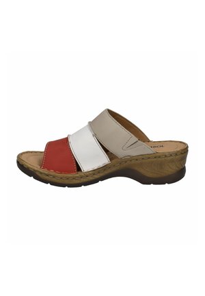 Leather slide sandal featuring three bands in red, white, and beige, with a contoured brown wedge sole and stitching details.