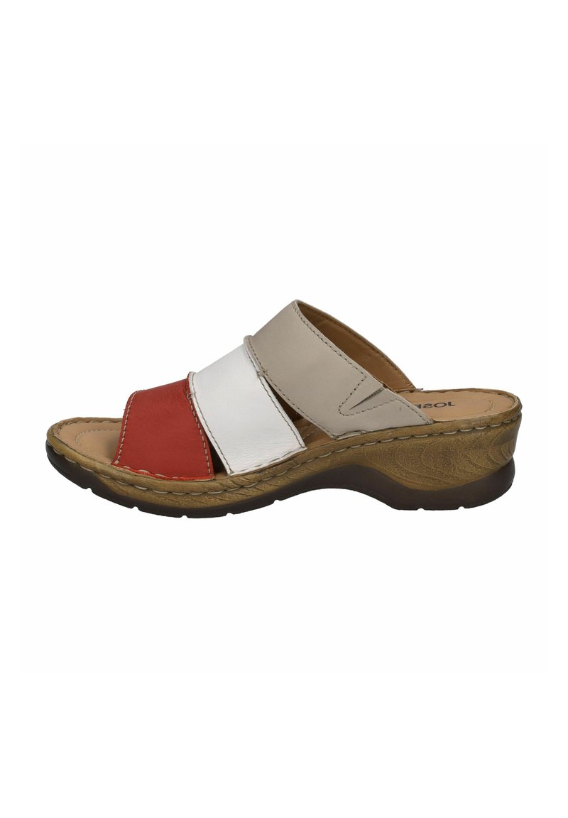 Leather slide sandal featuring three bands in red, white, and beige, with a contoured brown wedge sole and stitching details.