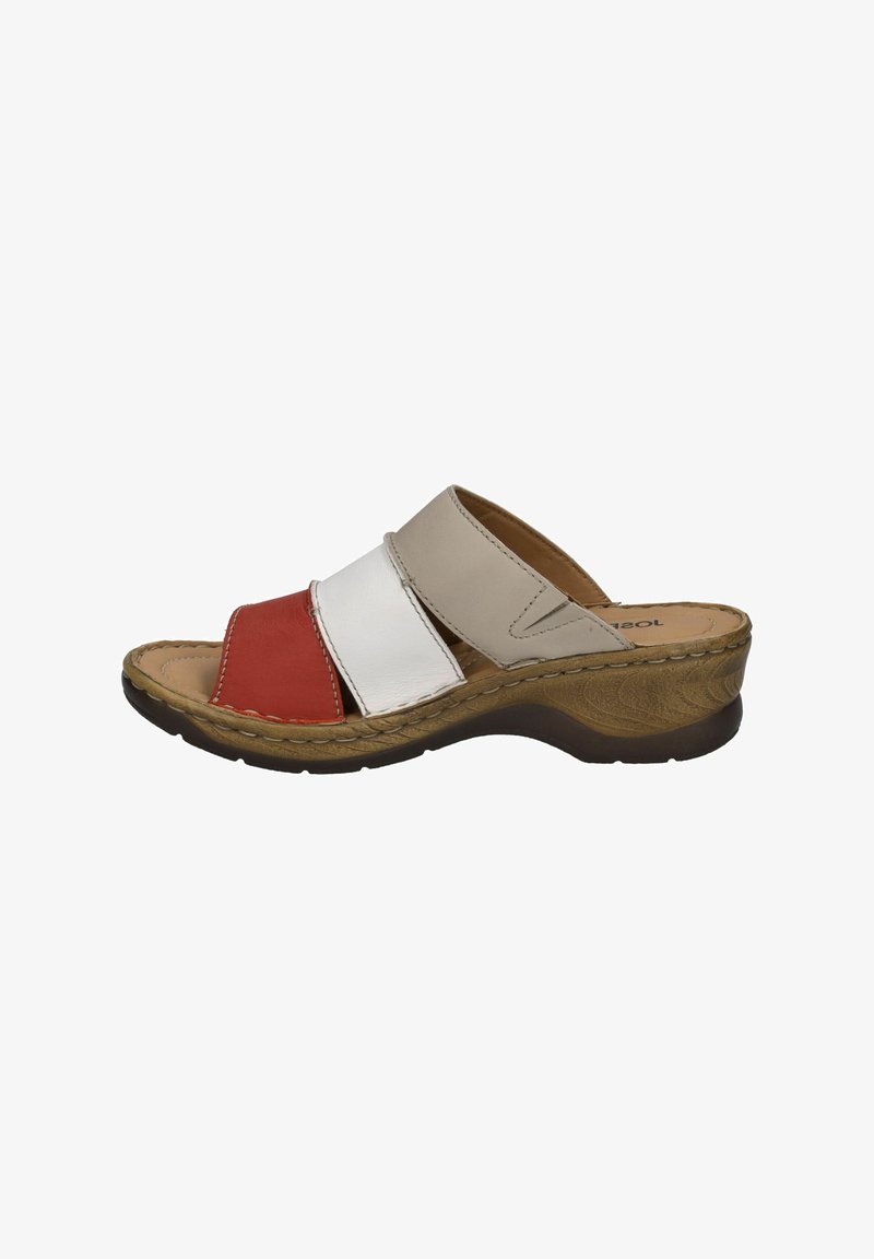 Leather slide sandal featuring three bands in red, white, and beige, with a contoured brown wedge sole and stitching details.