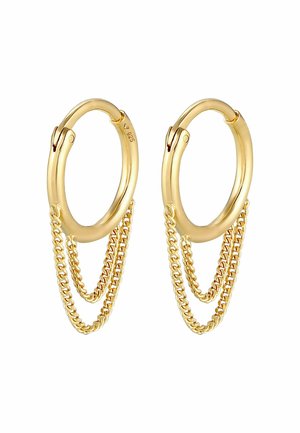 Gold hoop earrings with hinged clasps, each featuring two fine chain drapes hanging inside the hoop.