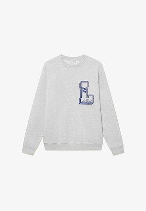 Gray sweatshirt made of cotton blend, featuring a large navy blue embroidered "L" logo on the chest and ribbed cuffs and hem.