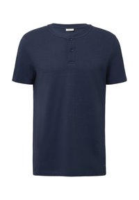 Marineblauw henley-shirt met korte mouwen, gemaakt van een katoenmix, voorzien van een ronde hals met een drieknoopssluiting en een rechte zoom.