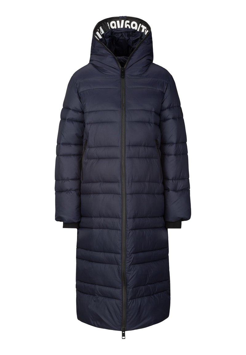 Marineblauwe pufferjas met een rits aan de voorkant, capuchon met logo-bies, lange mouwen en een knielange pasvorm met horizontale stiksels en zakken.
