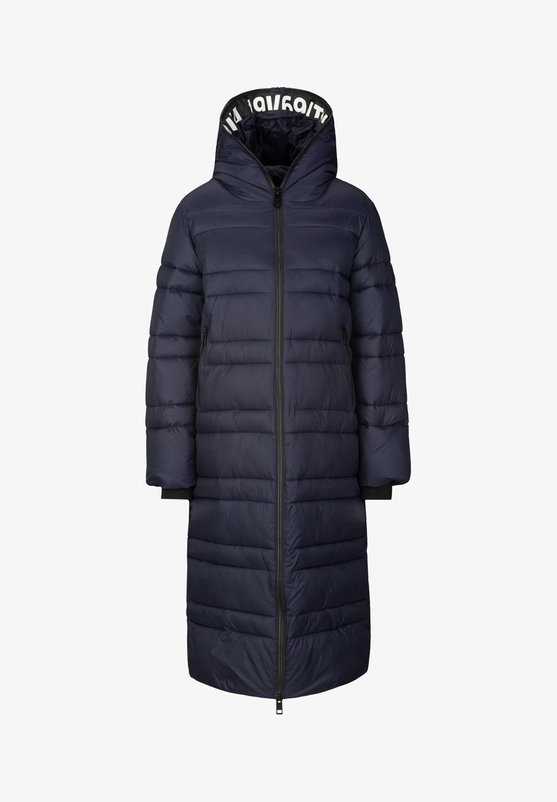 Marineblauwe pufferjas met een rits aan de voorkant, capuchon met logo-bies, lange mouwen en een knielange pasvorm met horizontale stiksels en zakken.