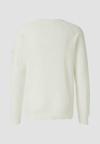 White knitted sweater with ribbed texture, crew neckline, and long sleeves. Features a patch pocket on the left sleeve.