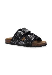 Zwart-witte gestreepte slide sandalen met twee brede banden versierd met grote vierkante gespen, een kurken voetbed en een getextureerde rubberen zool.
