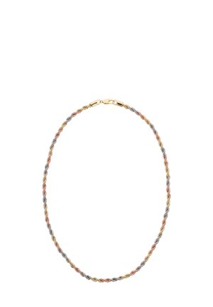 Getorde metalen ketting in goud-, roségoud- en zilvertinten, met een veilige sluiting en een gladde textuur.