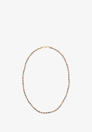 Verdrehte Metallkettenträgerschmuck in Gold-, Roségold- und Silber-Tönen, ausgestattet mit einem sicheren Verschluss und durchgehend glatter Textur.