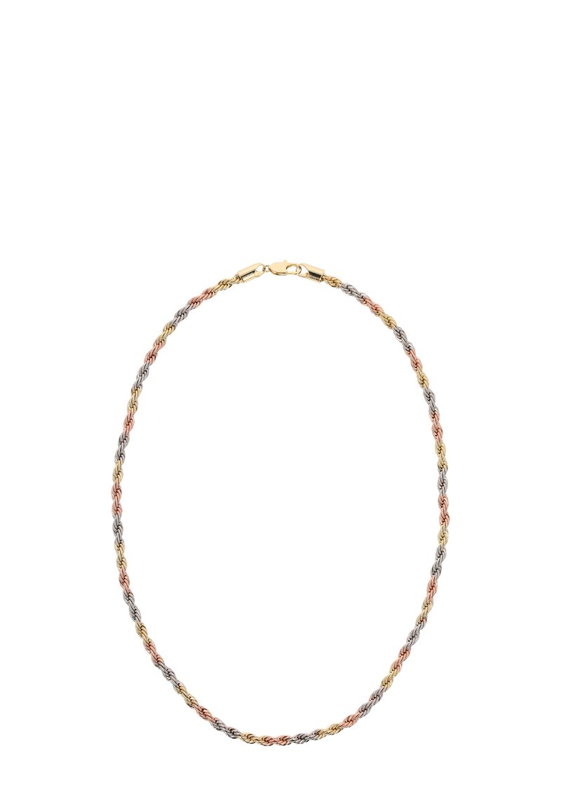 Csavart fém lánc nyaklánc arany, rózsaarany és ezüst árnyalatokban, biztonságos záráttal és sima felülettel.