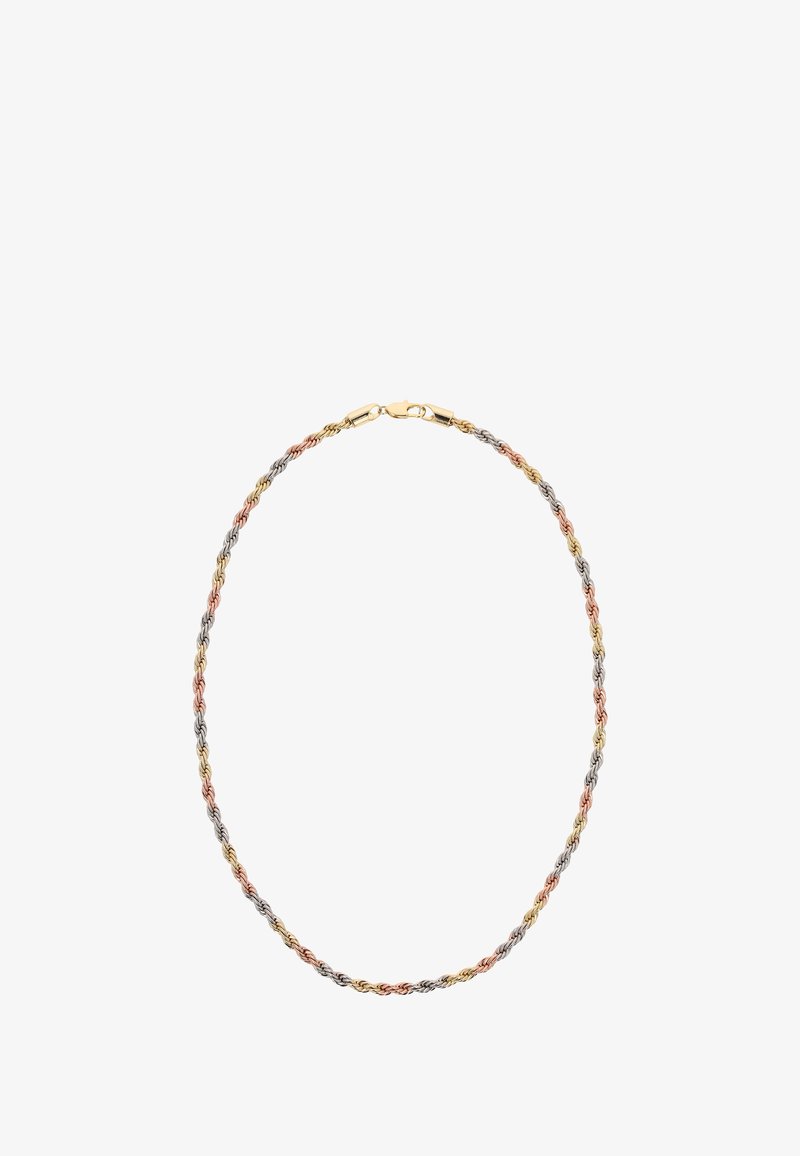 Csavart fém lánc nyaklánc arany, rózsaarany és ezüst árnyalatokban, biztonságos záráttal és sima felülettel.