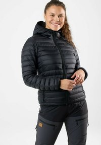 Black puffer jacket with horizontal stitching, hood, and front zipper. Features elastic cuffs and a faint logo on the left chest.